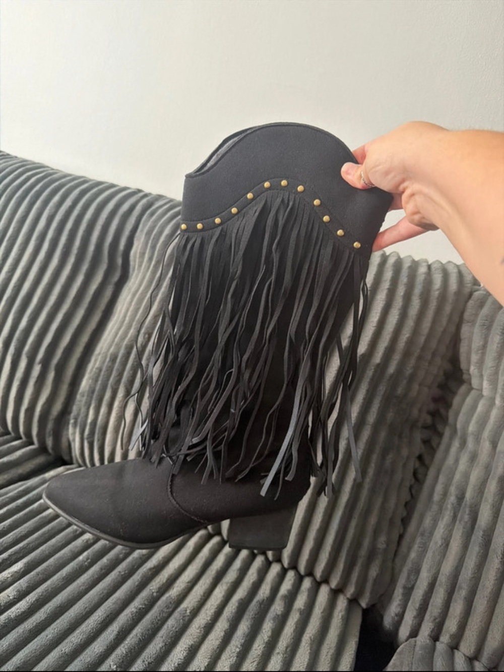 Black Fringe Mid-Calf Western Boot with Stud Detail